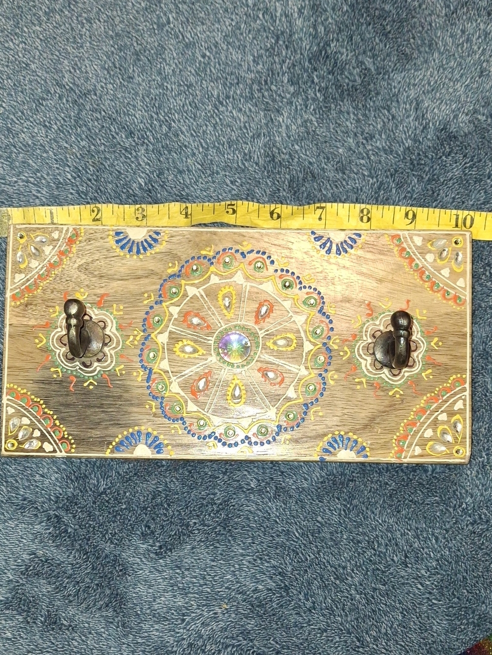 Hand-Painted Wooden Wall Hook Rack in Brown with Colorful Mandala